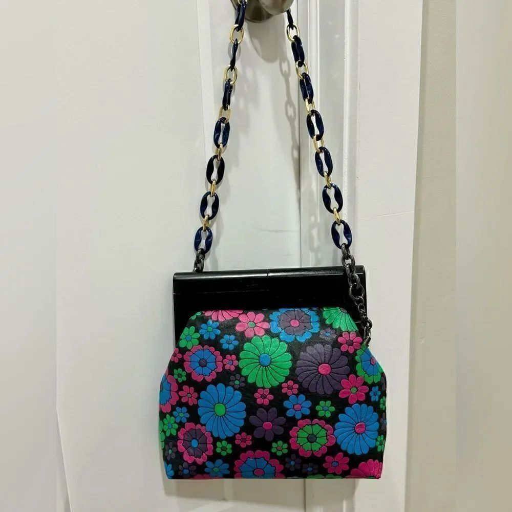 Chic Wood Frame & Leather Floral Print Clutch/Shoulder Bag/Crossbody